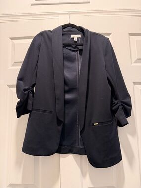 Nine West Dark Blue Open-Front Blazer with Ruched Sleeves